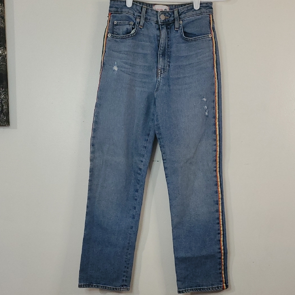 SUNDRY Love High-Rise Straight Jean Size 25 Rainbow Side Piping Star Design